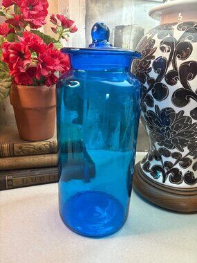 Vintage Glass Apothecary Jar with Lid Bright Peacock Blue Large 13 inches